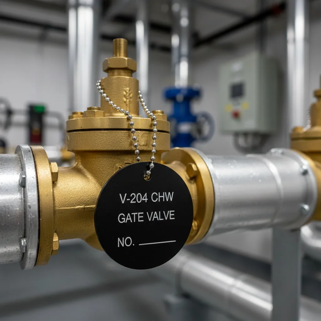 Valve & Piping Tags, polished brass gate valve on insulated piping with a round engraved black phenolic tag hanging from the valve stem on stainless bead chain, shown as an example of engraved phenolic tags from Custom Phenolic Labels.