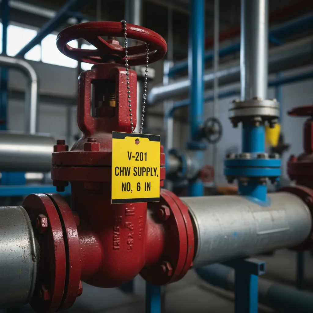 Valve Identification Tags, yellow-with-black-text layered lamacoid tag hanging from a red industrial gate valve on chrome bead chain, shown as an example of engraved lamacoid tags from Custom Phenolic Labels.