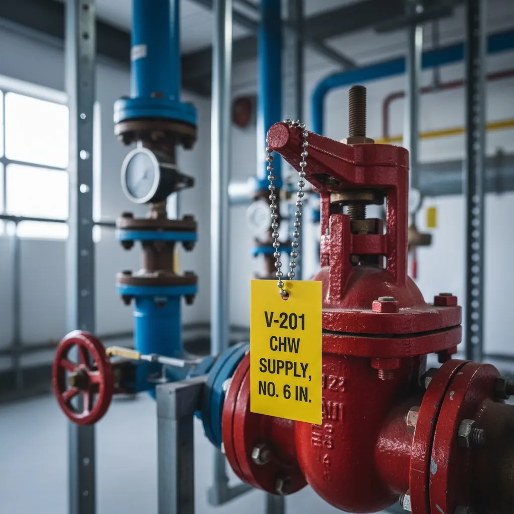Valve Identification Tags, yellow-with-black-text lamacoid valve tag hanging from a red industrial gate valve on chrome bead chain in a mechanical room, shown as an example of engraved phenolic product for HVAC.