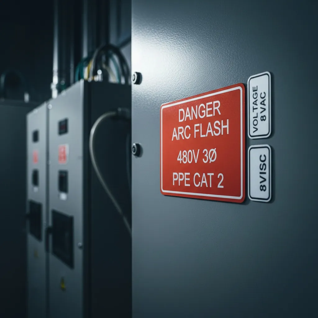 Voltage & Safety Marking, orange-red engraved phenolic arc flash warning label mounted to a grey electrical panel next to smaller voltage identification labels, shown as an example of engraved phenolic labels from Custom Phenolic Labels.