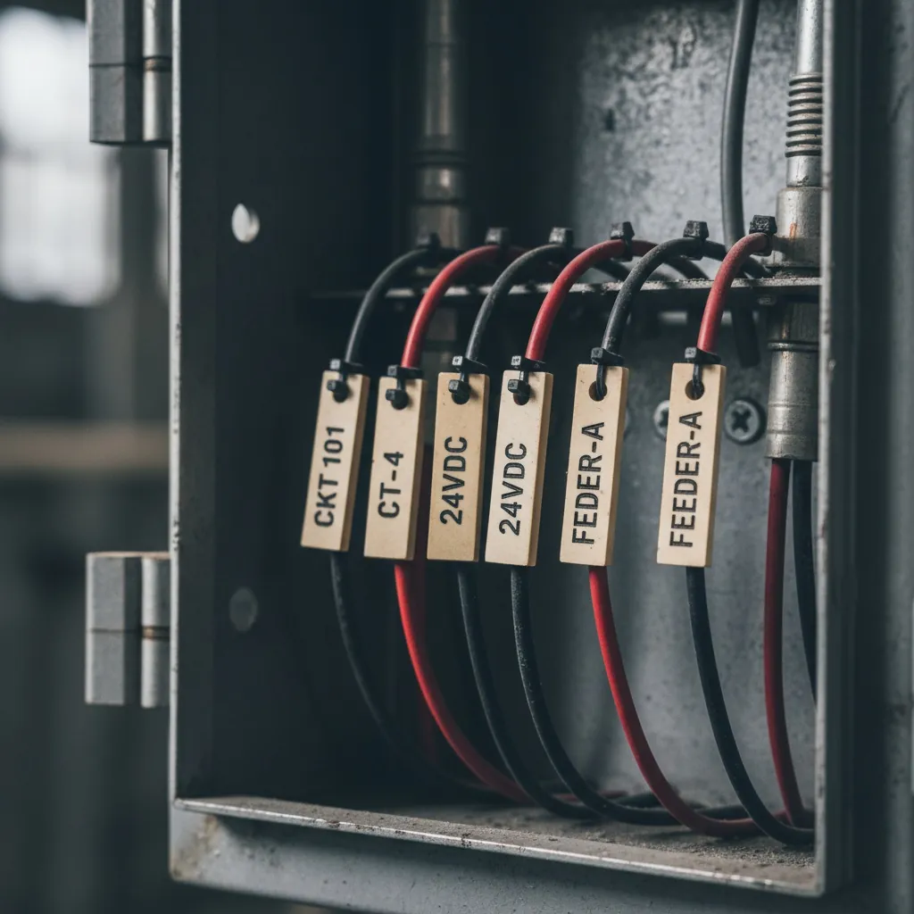 Wire & Cable Identification Tags, bundle of black and red control wires inside an industrial junction box with small rectangular engraved phenolic wire tags zip-tied to individual conductors, shown as an example of engraved phenolic tags from Custom Phenolic Labels.
