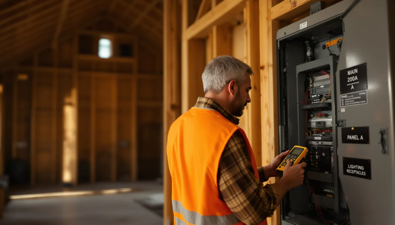Worker in Electrical Contractors environment with engraved phenolic labels visible on equipment Worker in Electrical Contractors environment with engraved phenolic labels visible on equipment, hero image for the Electrical Contractors industry page.