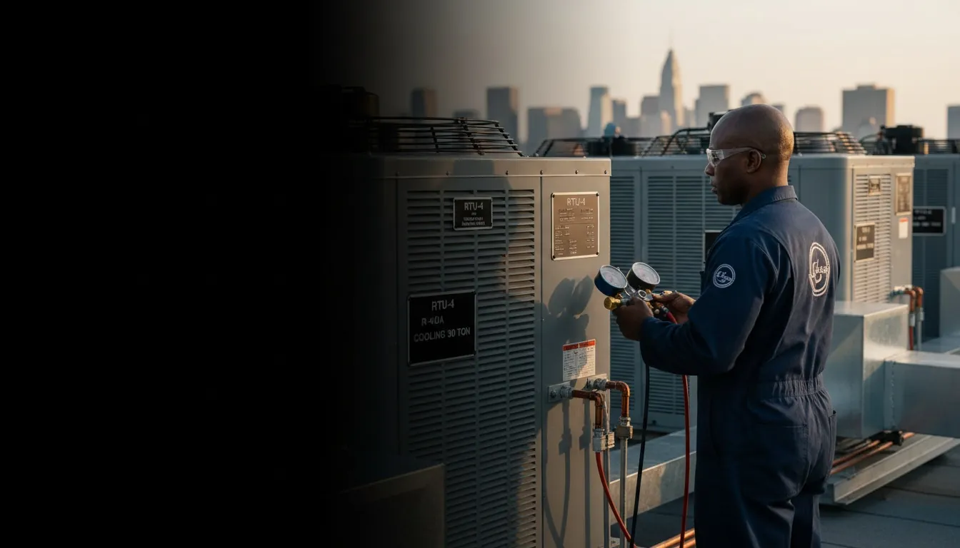 Worker in HVAC environment with engraved phenolic labels visible on equipment, hero image for the HVAC industry page.