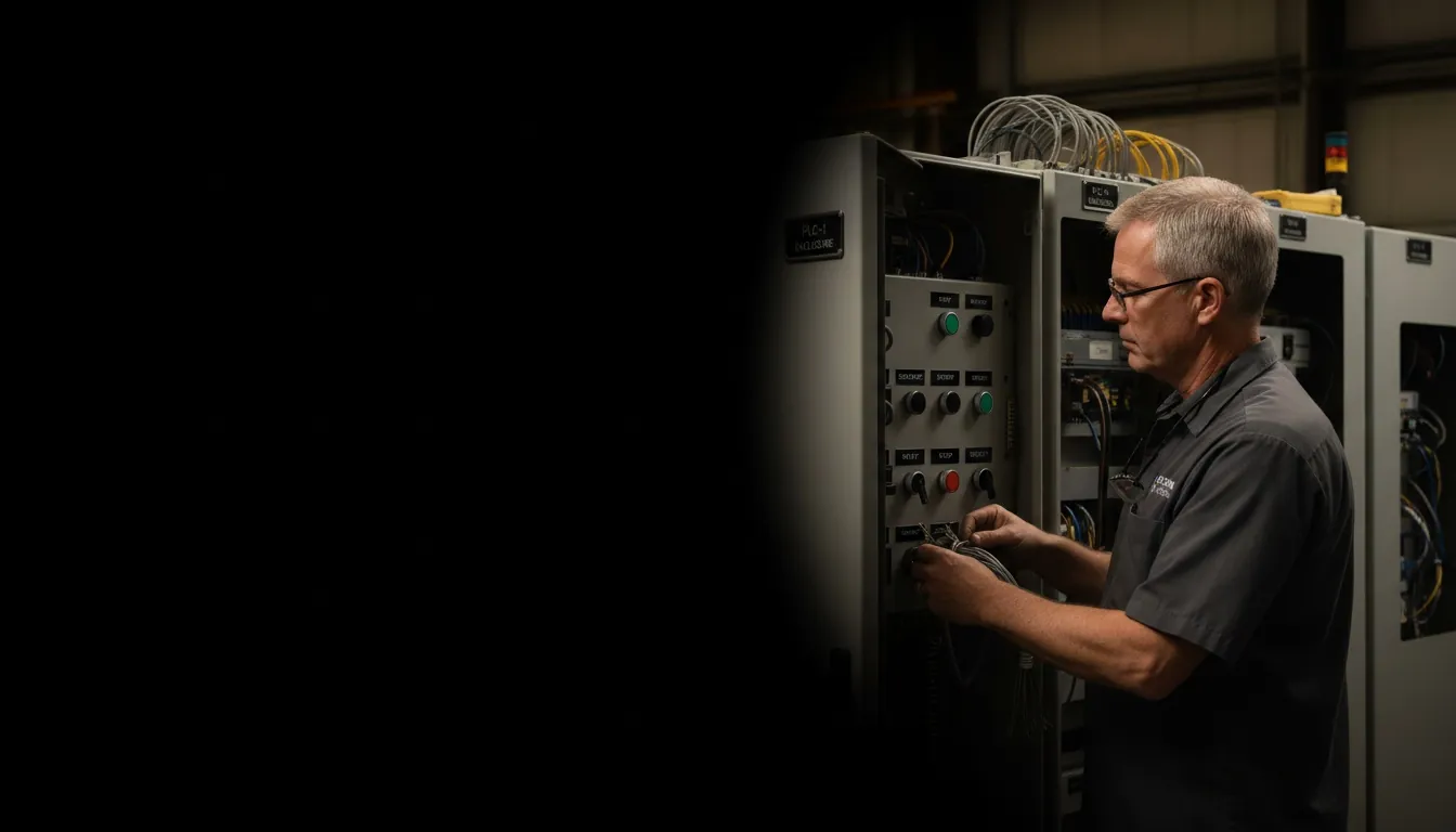 Worker in Industrial Automation environment with engraved phenolic labels visible on equipment Worker in Industrial Automation environment with engraved phenolic labels visible on equipment, hero image for the Industrial Automation industry page.