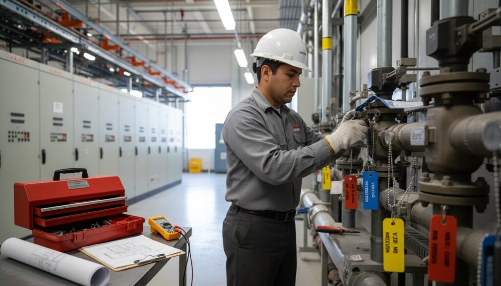Lamacoid tags installation for Atlanta, GA — worker actively installing engraved labels on equipment, full-rectangular 16:9 mid-page feature image.