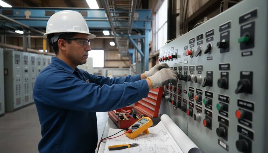 Legend plates installation for Atlanta, GA — worker actively installing engraved labels on equipment, full-rectangular 16:9 mid-page feature image.