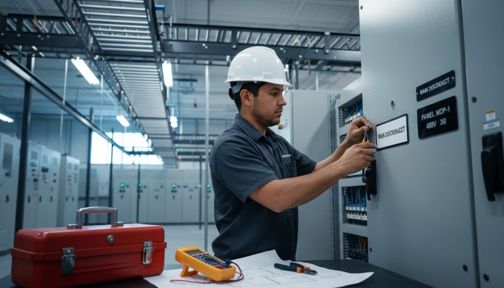 Phenolic panel labels installation for Atlanta, GA — worker actively installing engraved labels on equipment, full-rectangular 16:9 mid-page feature image.
