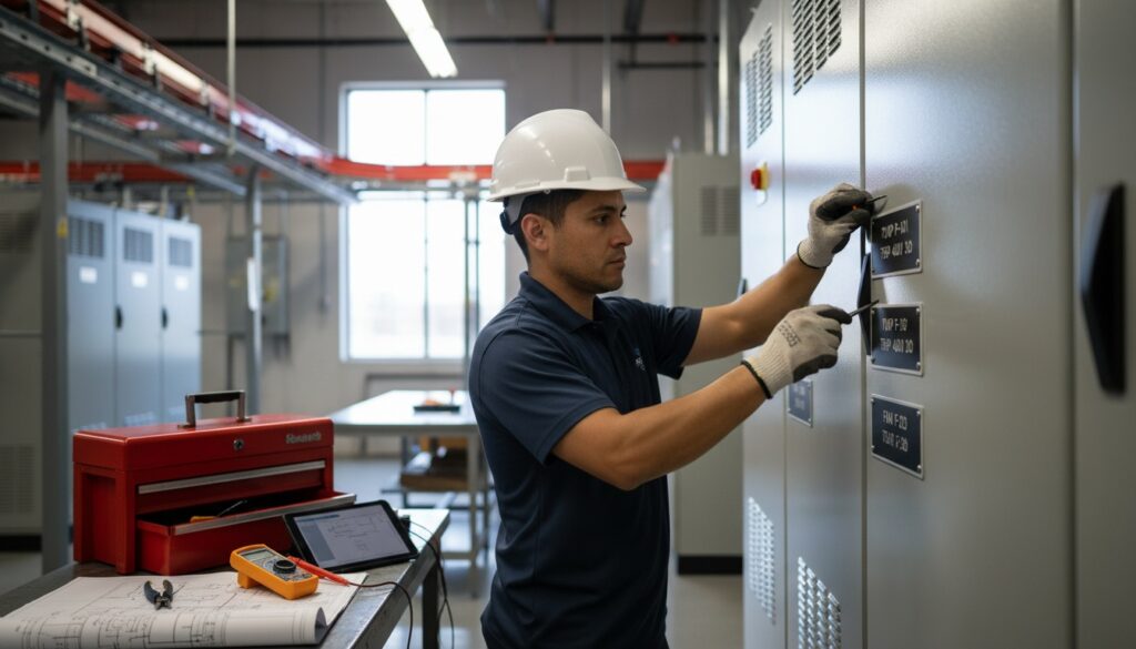 Phenolic nameplates installation for Atlanta, GA — worker actively installing engraved labels on equipment, full-rectangular 16:9 mid-page feature image.