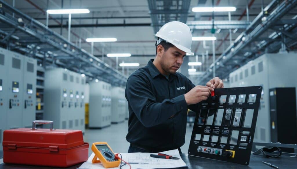 Phenolic control panels installation for Atlanta, GA — worker actively installing engraved labels on equipment, full-rectangular 16:9 mid-page feature image.