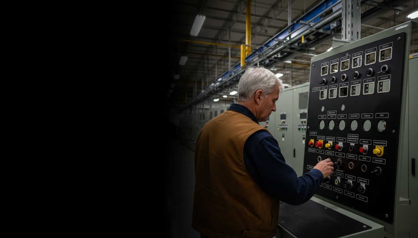 Phenolic control panels for Atlanta, GA — worker in a locally-relevant environment with engraved labels visible, hero image with fade-to-black on the left for headline overlay.
