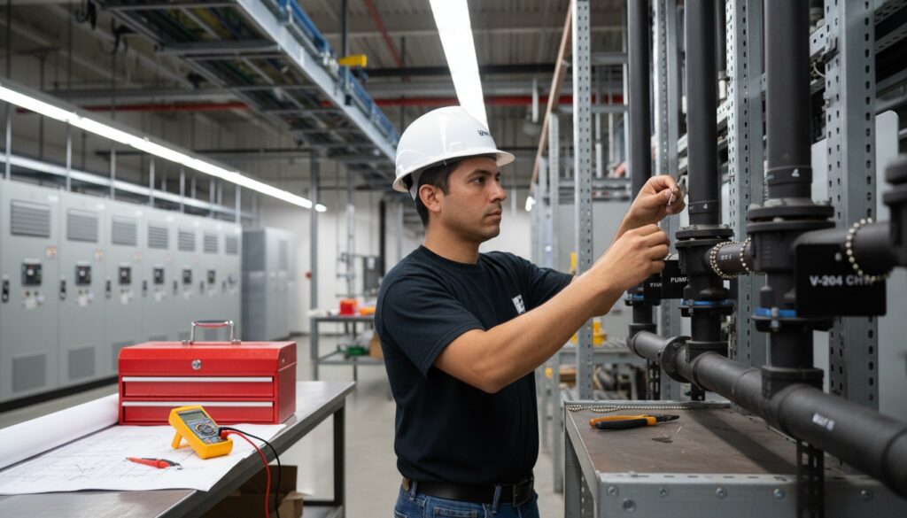 Phenolic tags installation for Atlanta, GA — worker actively installing engraved labels on equipment, full-rectangular 16:9 mid-page feature image.