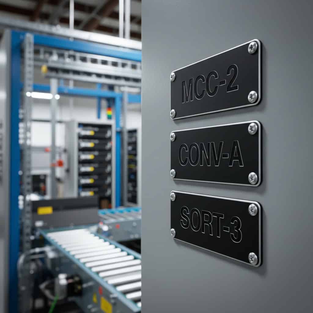Phenolic Labels for Atlanta, GA — engraved phenolic product shown on warehouse MCC lineup controlling conveyor and sortation motors.