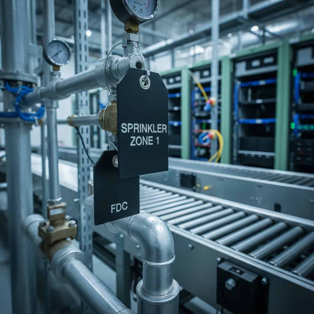 Phenolic Tags for Atlanta, GA — engraved phenolic product shown on data center fire sprinkler risers and conveyor piping tags.