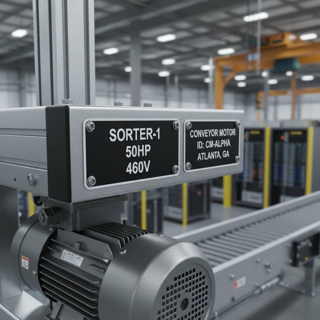 Phenolic Nameplates for Atlanta, GA — engraved phenolic product shown on automated sortation equipment and conveyor motor nameplates.