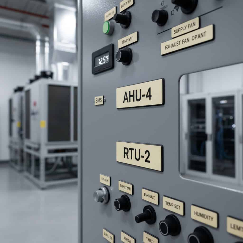 Phenolic Panels for Atlanta, GA — engraved phenolic product shown on BMS interface panel for warehouse climate control.