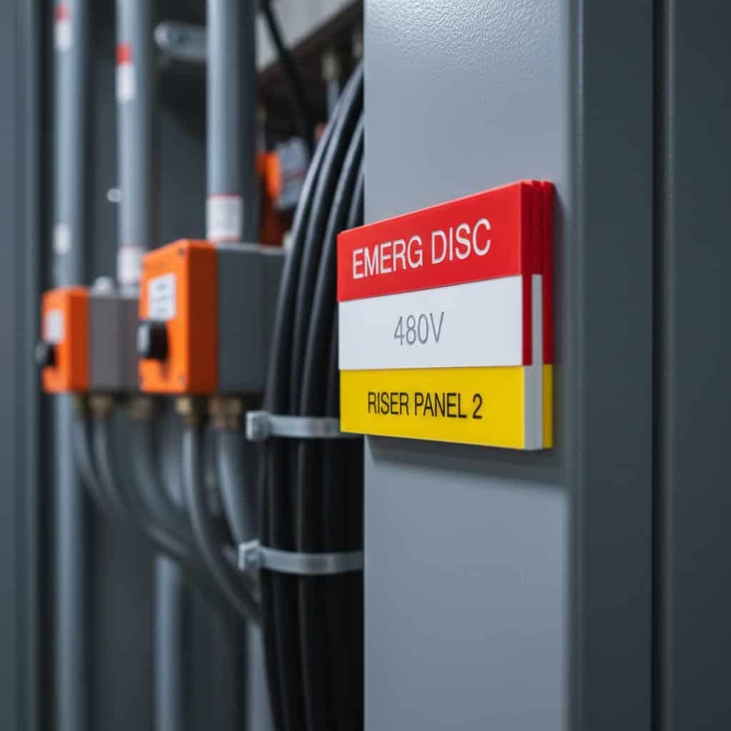 Lamacoid Tags for Atlanta, GA — engraved phenolic product shown on lamacoid tags on warehouse electrical risers and emergency disconnects.