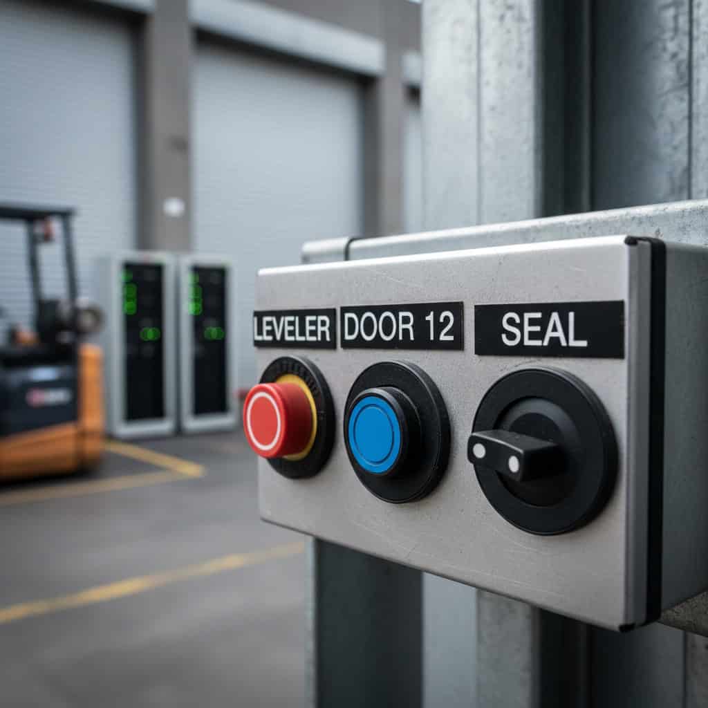Legend Plates for Atlanta, GA — engraved phenolic product shown on loading dock leveler control panel with function legends.