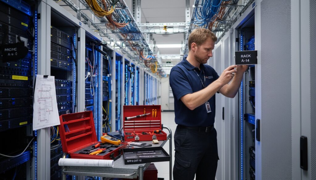 Data Centers worker installing engraved phenolic labels on industrial equipment — mid-page feature image for the Data Centers industry page.