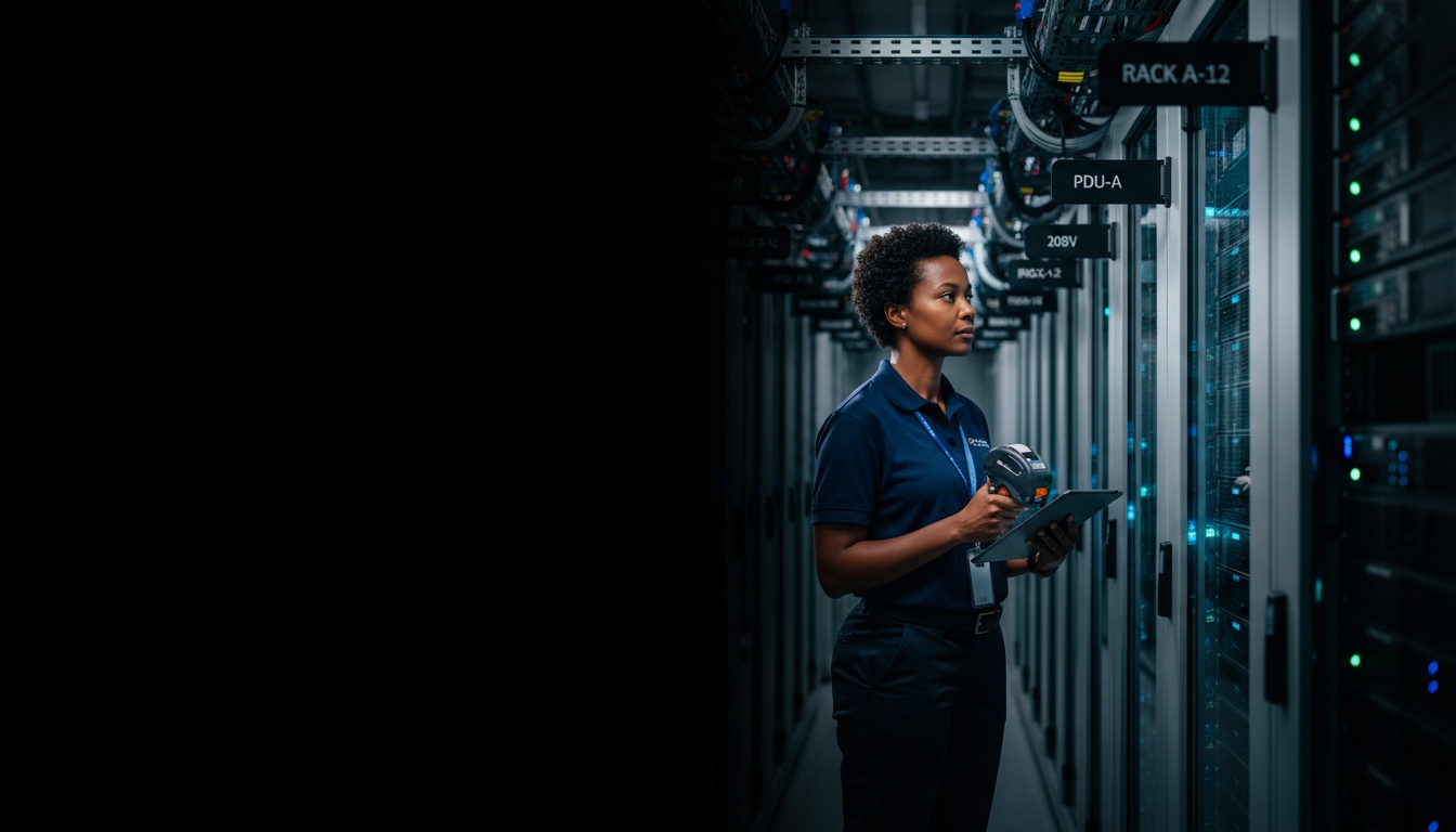 Worker in Data Centers environment with engraved phenolic labels visible on equipment — hero image for the Data Centers industry page.
