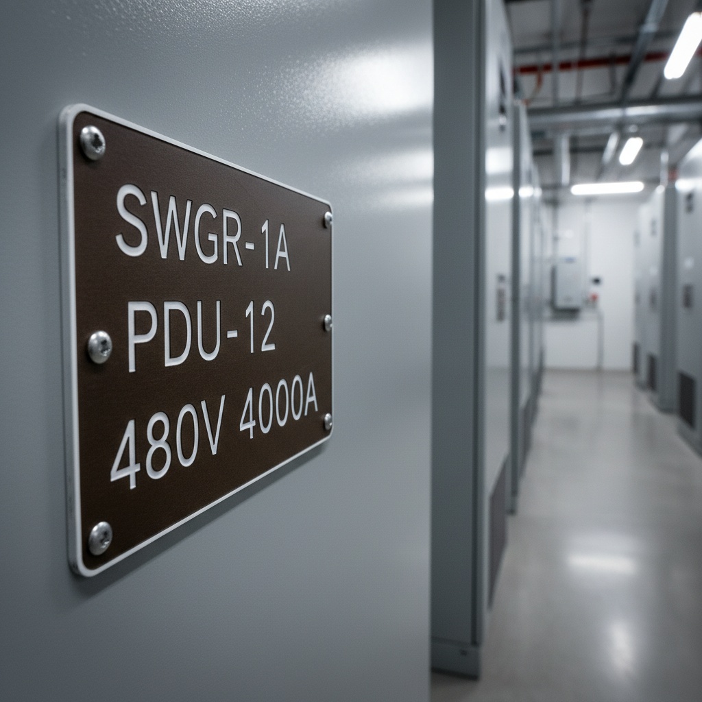 Switchgear and PDU Labels — grey medium-voltage switchgear cabinet lineup in a data center electrical room with large engraved phenolic identification plates on each cubicle, shown as an example of engraved phenolic product for Data Centers.