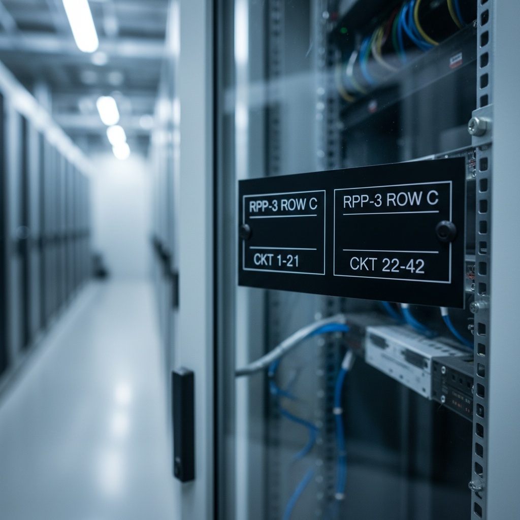 Remote Power Panel Directories — data center remote power panel with a full engraved phenolic directory schedule mounted inside the door, shown as an example of engraved phenolic product for Data Centers.