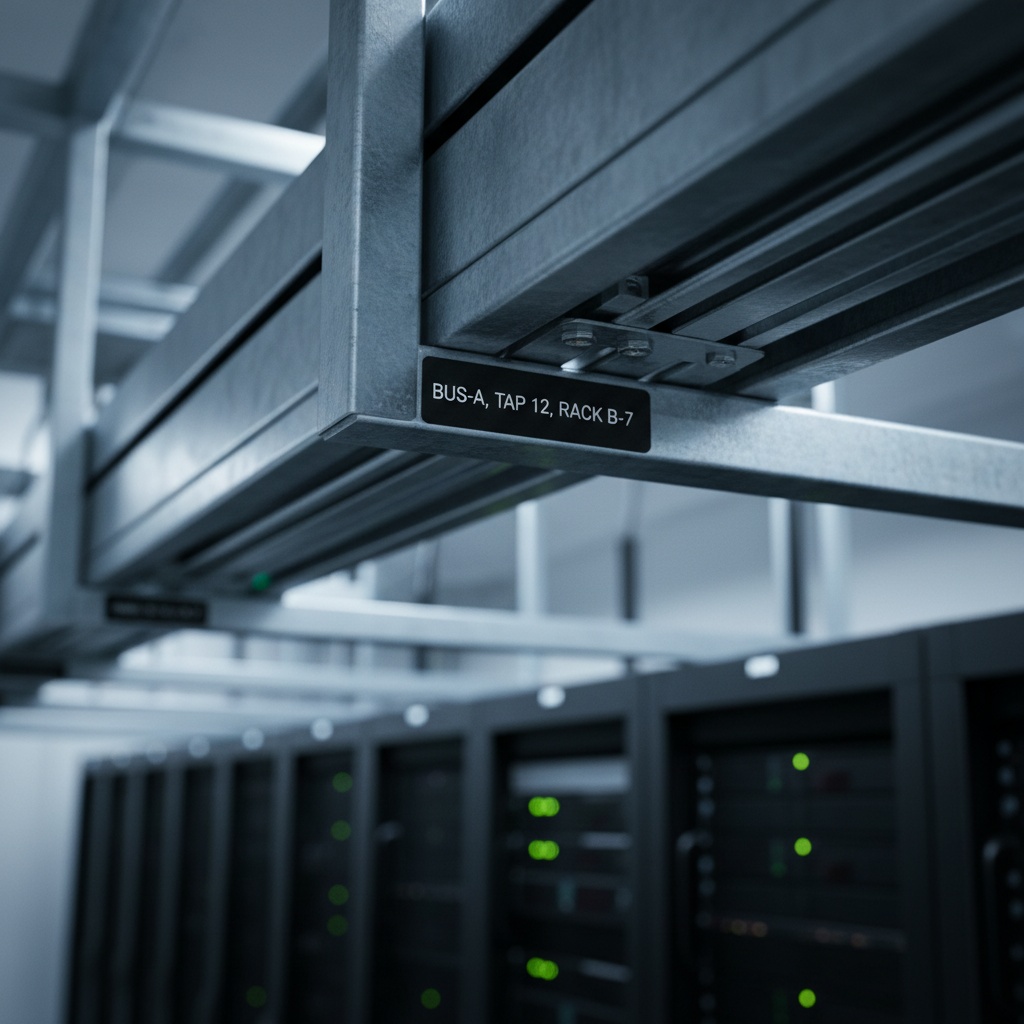 Busway and Overhead Distribution Labels — overhead busway runs with rectangular engraved phenolic labels mounted at tap-off points, shown as an example of engraved phenolic product for Data Centers.