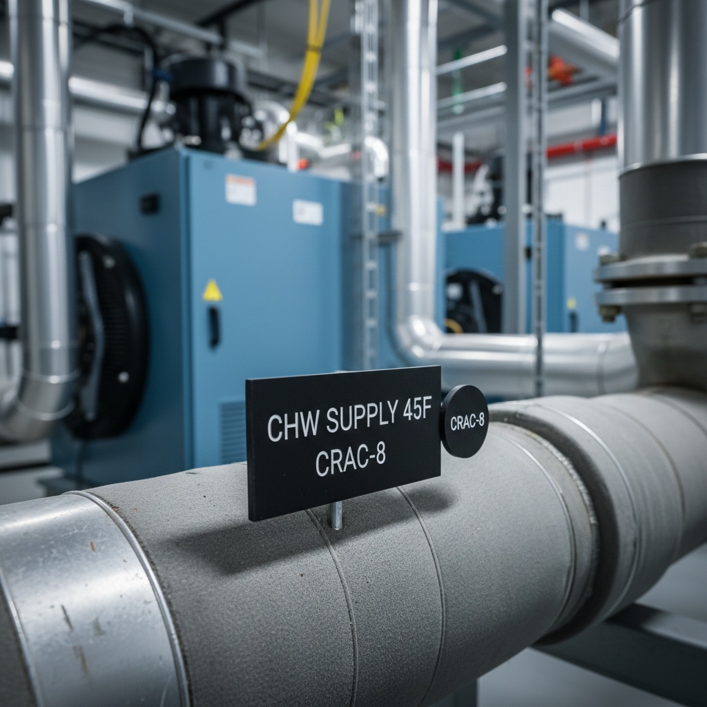 Mechanical Plant and Cooling Labels — data center chilled water plant with engraved phenolic valve tags and pipe identification markers on the large CRAC distribution piping, shown as an example of engraved phenolic product for Data Centers.