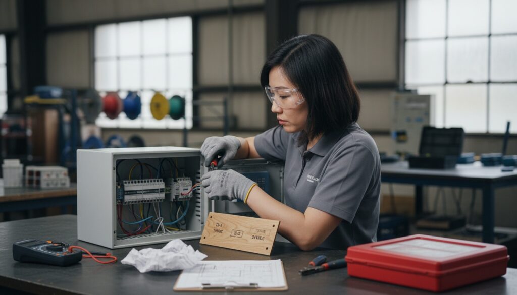 Industrial Automation worker installing engraved phenolic labels on industrial equipment — mid-page feature image for the Industrial Automation industry page.