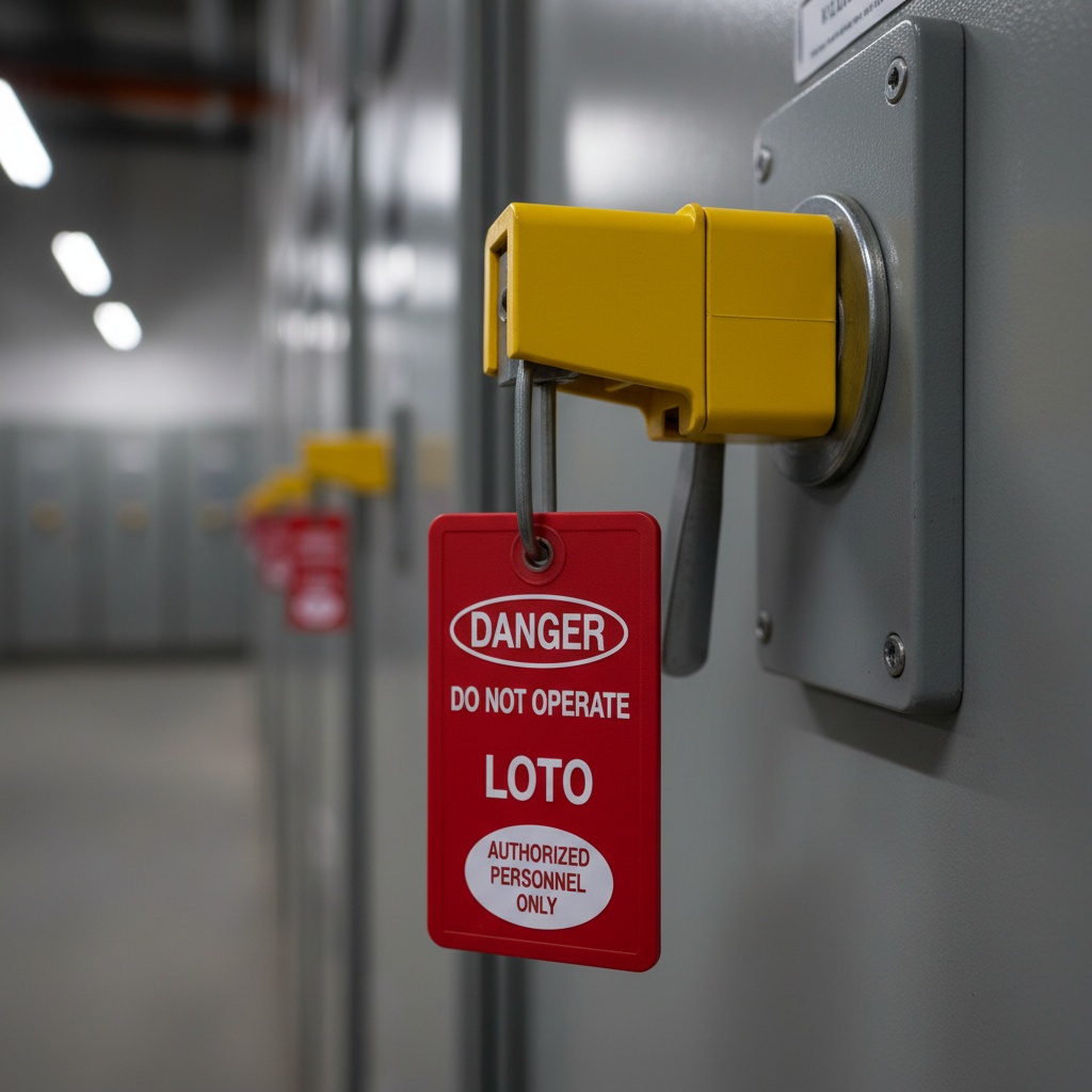 Maintenance & Service Tags — red-with-white-text DANGER lockout tag hanging from a grey electrical disconnect lever with a yellow lockout device installed, shown as an example of engraved lamacoid tags from Custom Phenolic Labels.