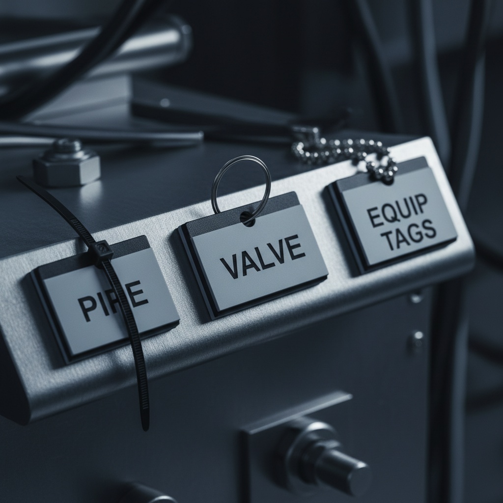 Pre-Drilled Attachment Holes — detail shot showing three lamacoid tags with different mounting hole configurations — one with zip tie threaded, shown as an example of engraved lamacoid tags from Custom Phenolic Labels.