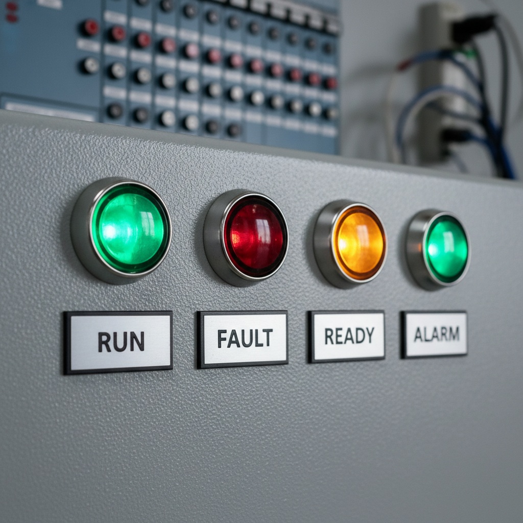 Pilot Light & Indicator Legends — row of illuminated green, shown as an example of engraved legend plates from Custom Phenolic Labels.