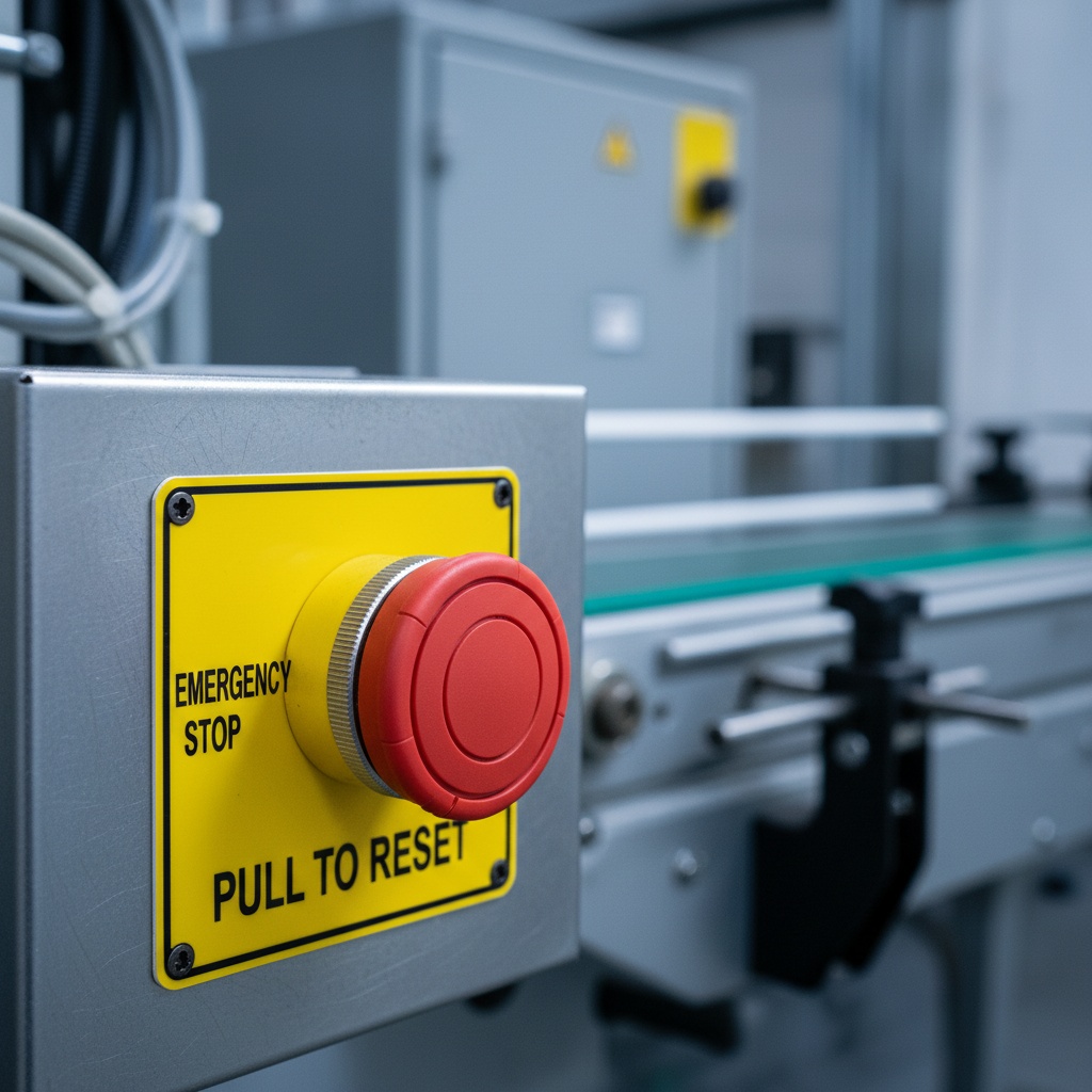 E-Stop & Safety Control Legends — large red mushroom-head emergency stop button surrounded by a yellow-bordered engraved legend plate reading EMERGENCY STOP in bold lettering, shown as an example of engraved legend plates from Custom Phenolic Labels.