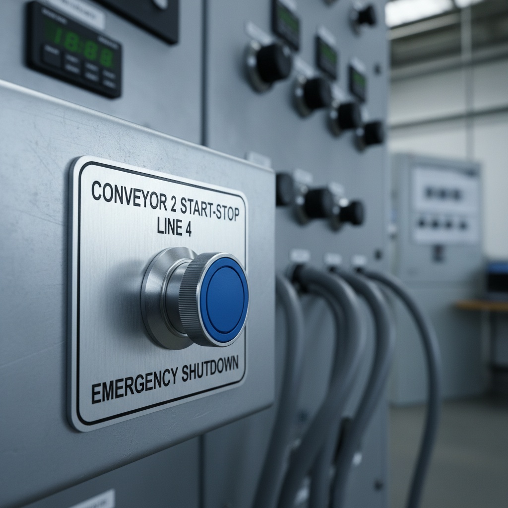 Custom Function Descriptions — custom engraved legend plate with multiple lines of function description text surrounding a pushbutton operator on an industrial control panel, shown as an example of engraved legend plates from Custom Phenolic Labels.