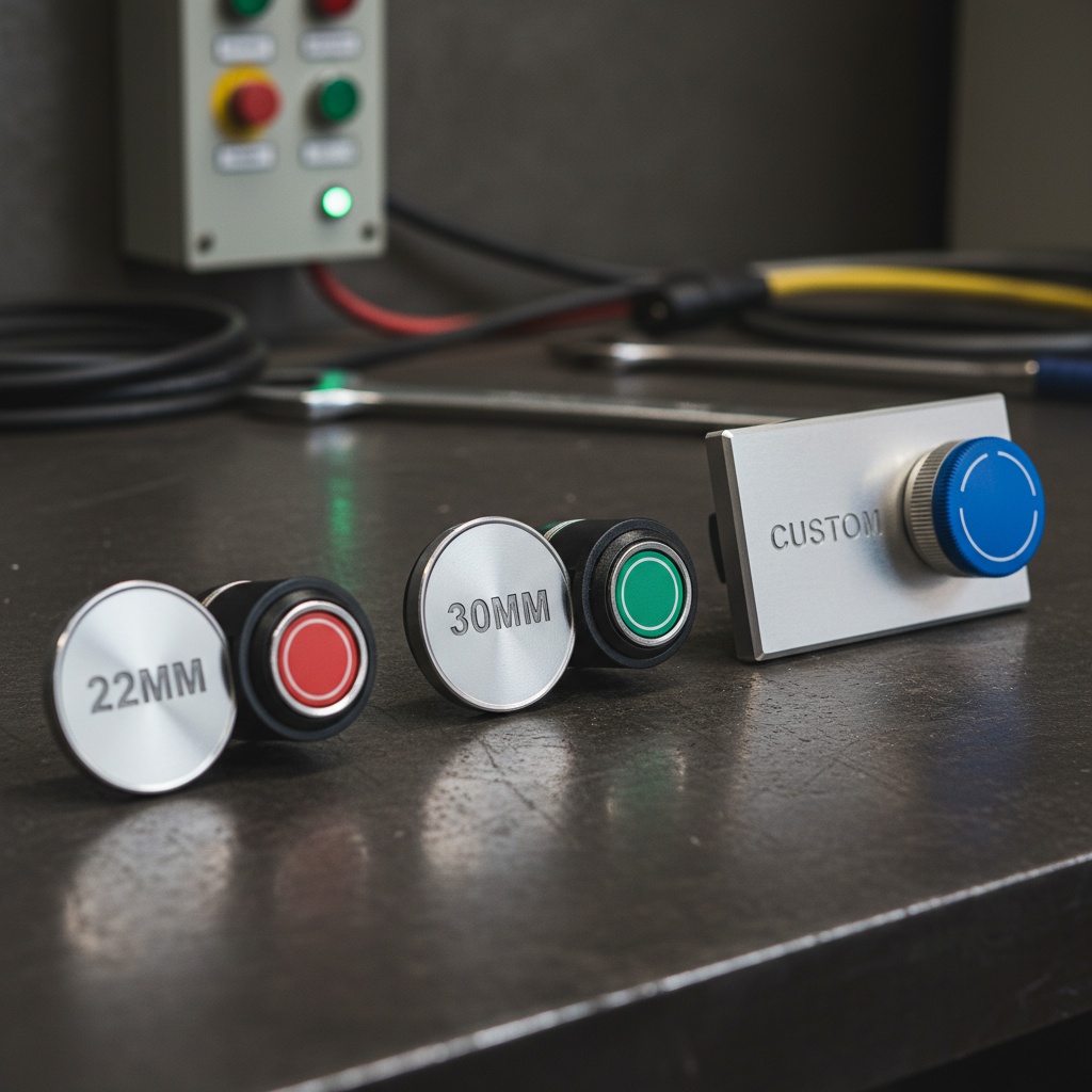 Standard & Custom Plate Sizes — overhead flat-lay comparing 22mm, shown as an example of engraved legend plates from Custom Phenolic Labels.