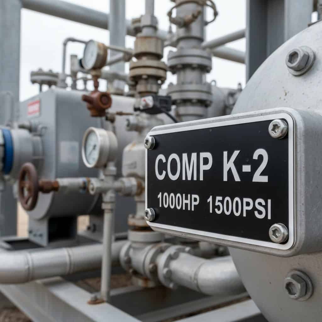 Phenolic Nameplates for Midland, TX — engraved phenolic product shown on compressor station equipment nameplates on process skids.