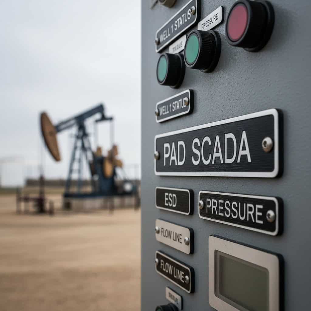 Phenolic Panels for Midland, TX — engraved phenolic product shown on oilfield SCADA interface panel at a production pad.