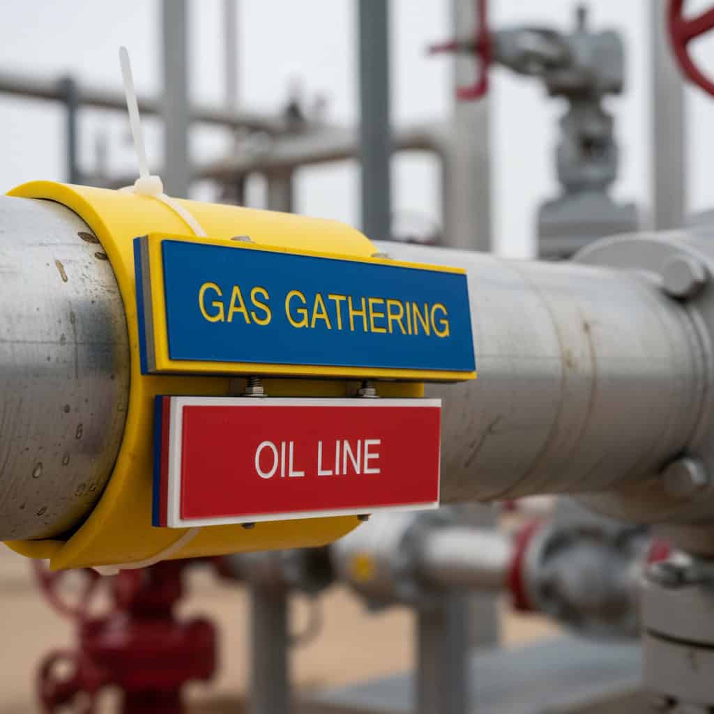 Lamacoid Tags for Midland, TX — engraved phenolic product shown on lamacoid tags on oilfield gathering system piping.