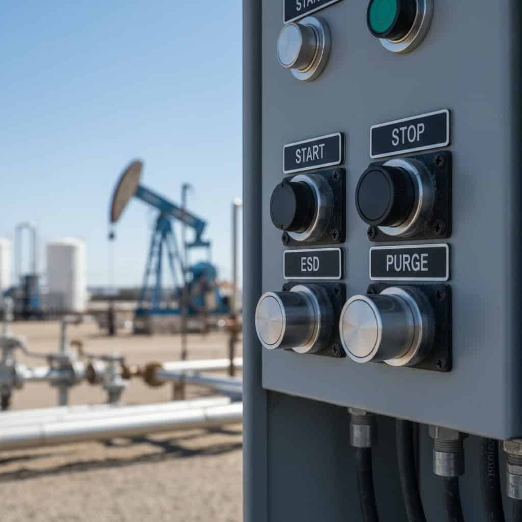 Legend Plates for Midland, TX — engraved phenolic product shown on wellsite control panel pushbuttons for ESD and startup.