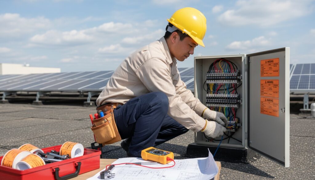 Renewable Energy worker installing engraved phenolic labels on industrial equipment — mid-page feature image for the Renewable Energy industry page.