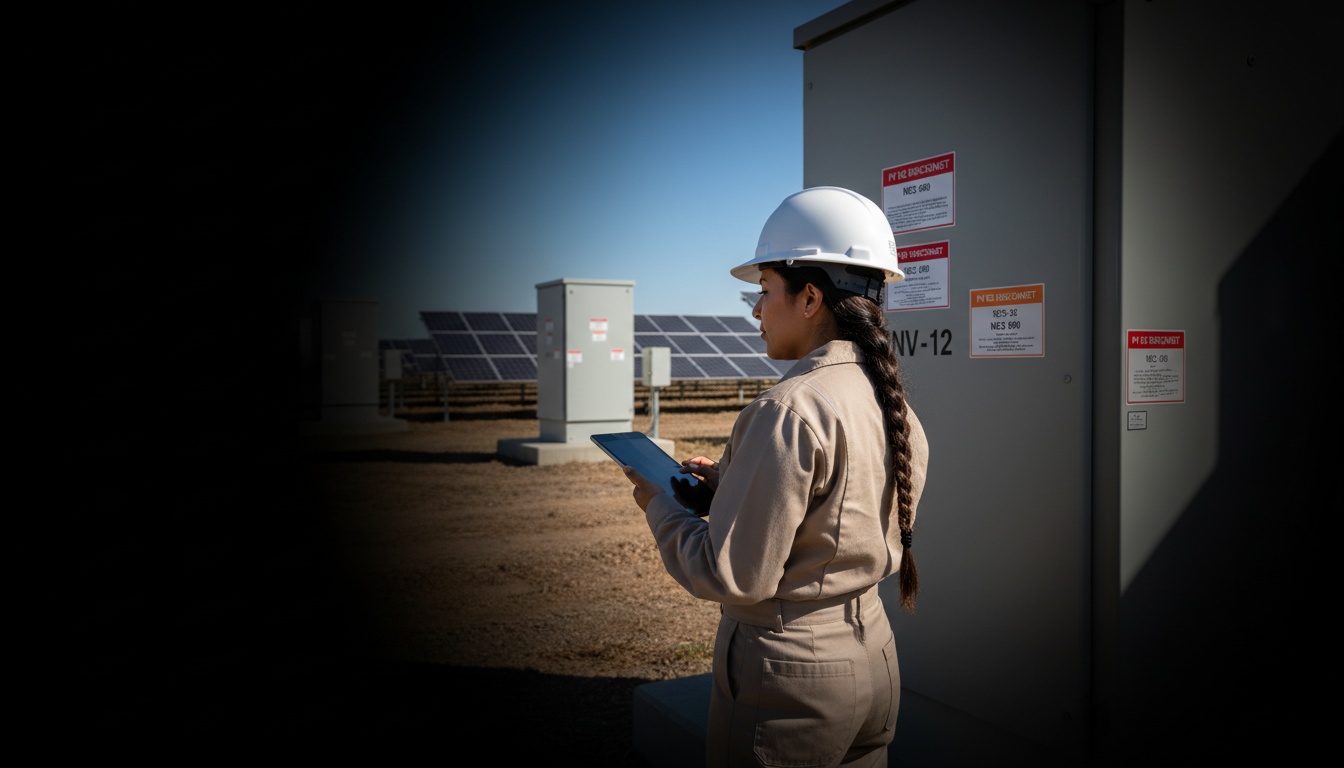 Worker in Renewable Energy environment with engraved phenolic labels visible on equipment — hero image for the Renewable Energy industry page.