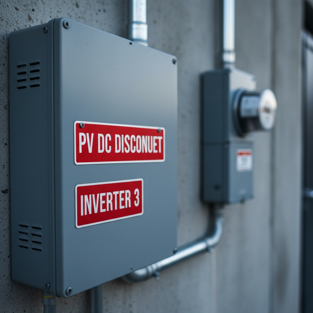 Solar PV Disconnect and Inverter Labels — grey wall-mounted string inverter with red-on-white NEC engraved phenolic warning labels screwed to the housing, shown as an example of engraved phenolic product for Renewable Energy.